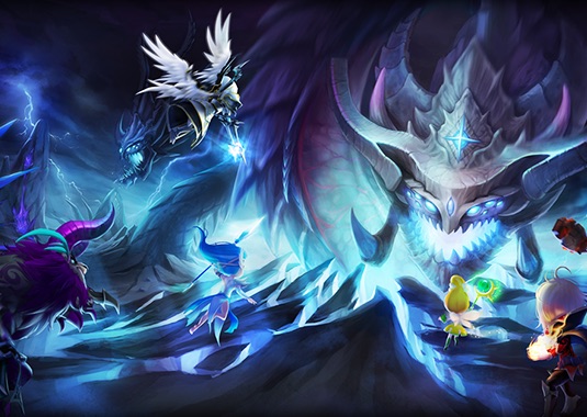 Official Summoners War art: monsters facing a huge ice dragon