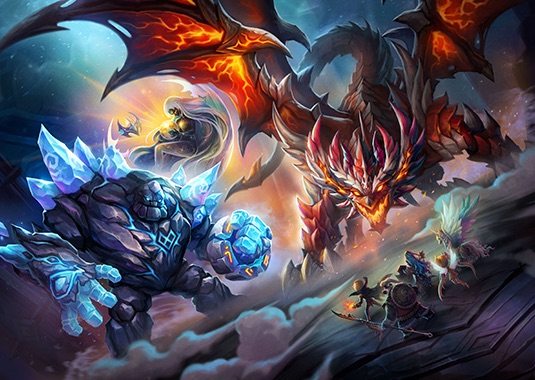 Official Summoners War art: a fire dragon and a crystal golem looming over a team of monsters