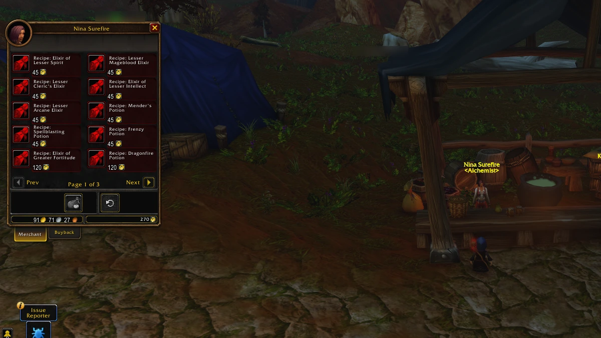 Nina Surefire, Alchemist vendor at Three Corners, selling elixir and potion recipes priced from 45 to 120 Merchant's Favor