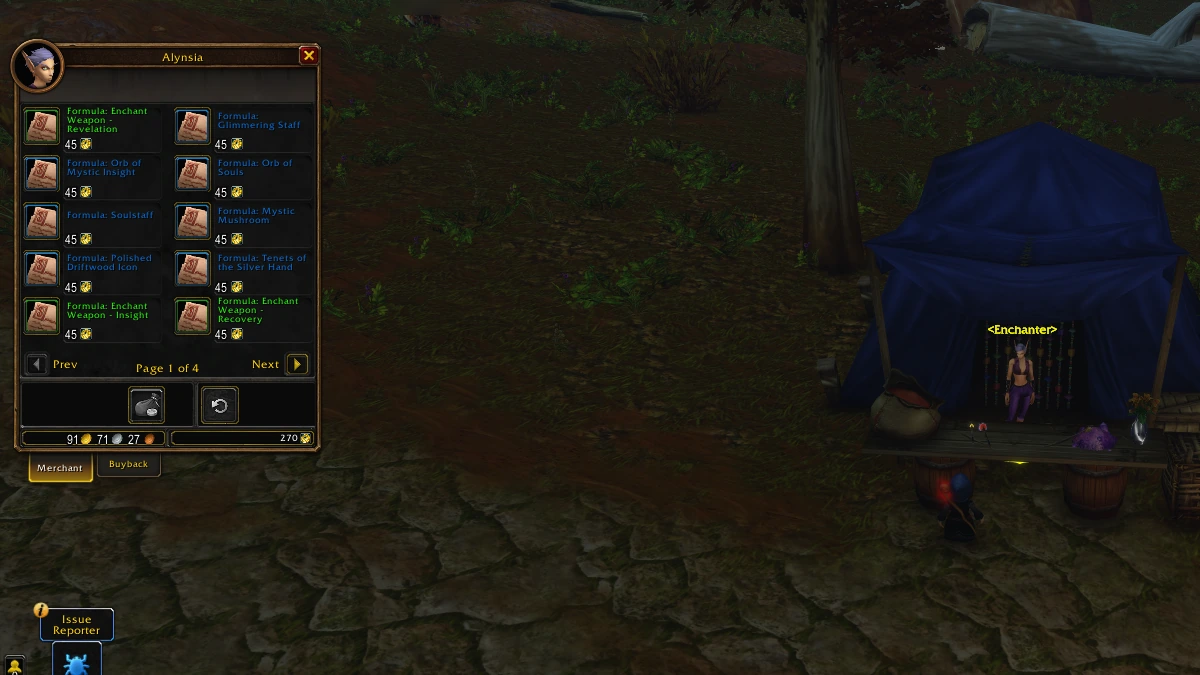 Alynsia, Enchanter vendor at Three Corners, selling formulas for weapon enchants, staves, orbs and relics for 45 Merchant's Favor
