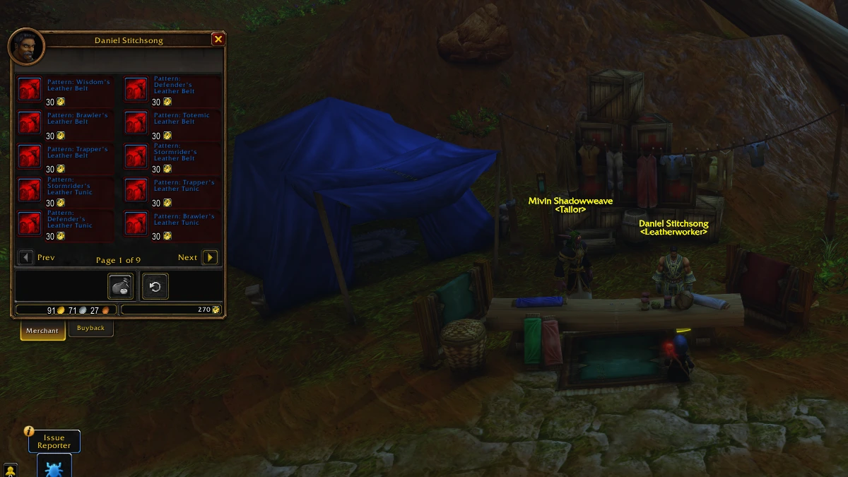 Daniel Stitchsong, Leatherworker vendor at Three Corners, selling Wisdom's, Defender's, Brawler's, Totemic, Trapper's and Stormrider's leather patterns for 30 Merchant's Favor each