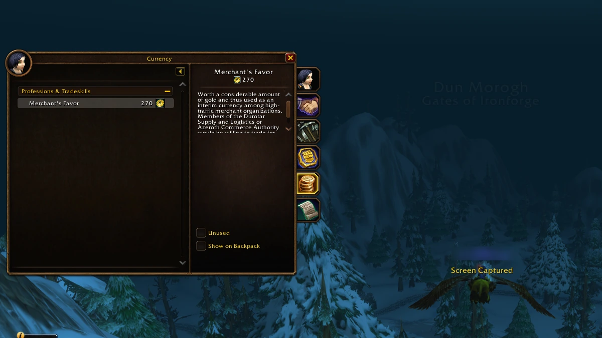 WoW Forever Currency window showing Merchant's Favor (270) under Professions & Tradeskills, with its description about the Durotar Supply and Logistics and the Azeroth Commerce Authority