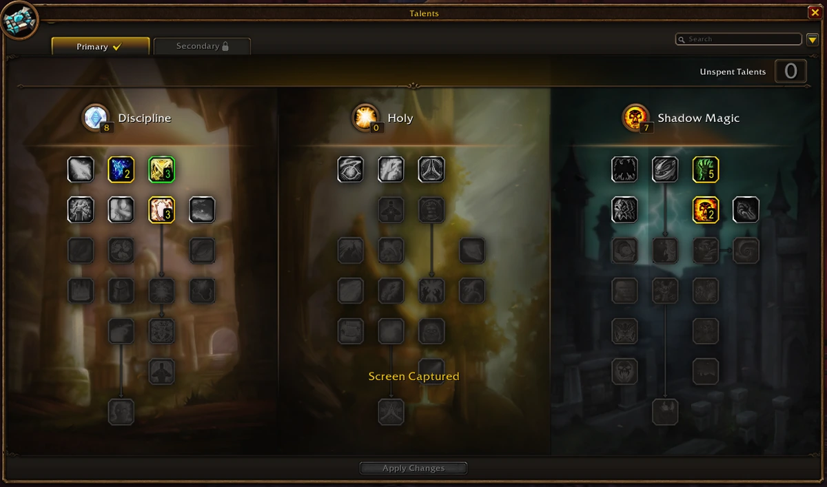 WoW Forever talent window for a level 24 Priest: Discipline 8, Holy 0, Shadow Magic 7, Primary spec active, Secondary spec locked