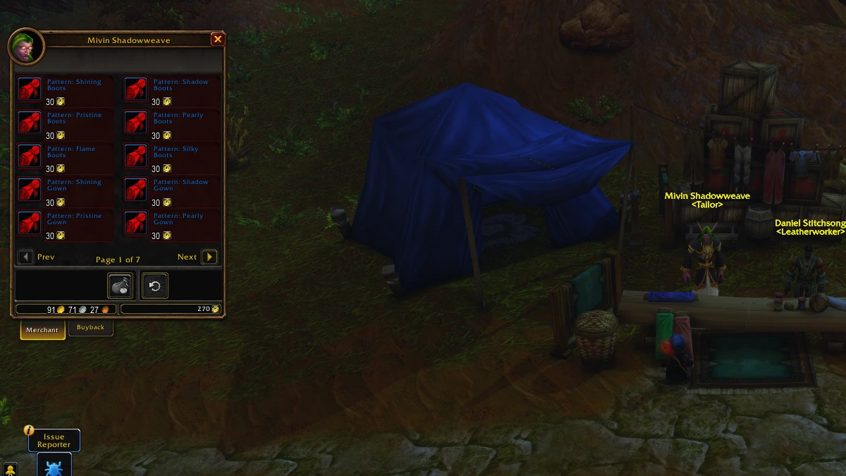 Mivin Shadowweave, Tailor vendor at Three Corners, selling Shining, Shadow, Pristine, Pearly, Flame and Silky boots and gown patterns for 30 Merchant's Favor