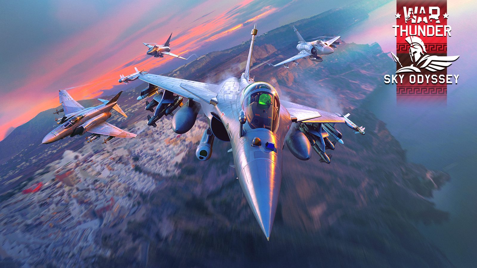 Sky Odyssey key art — Greek-marked jets led by a Rafale